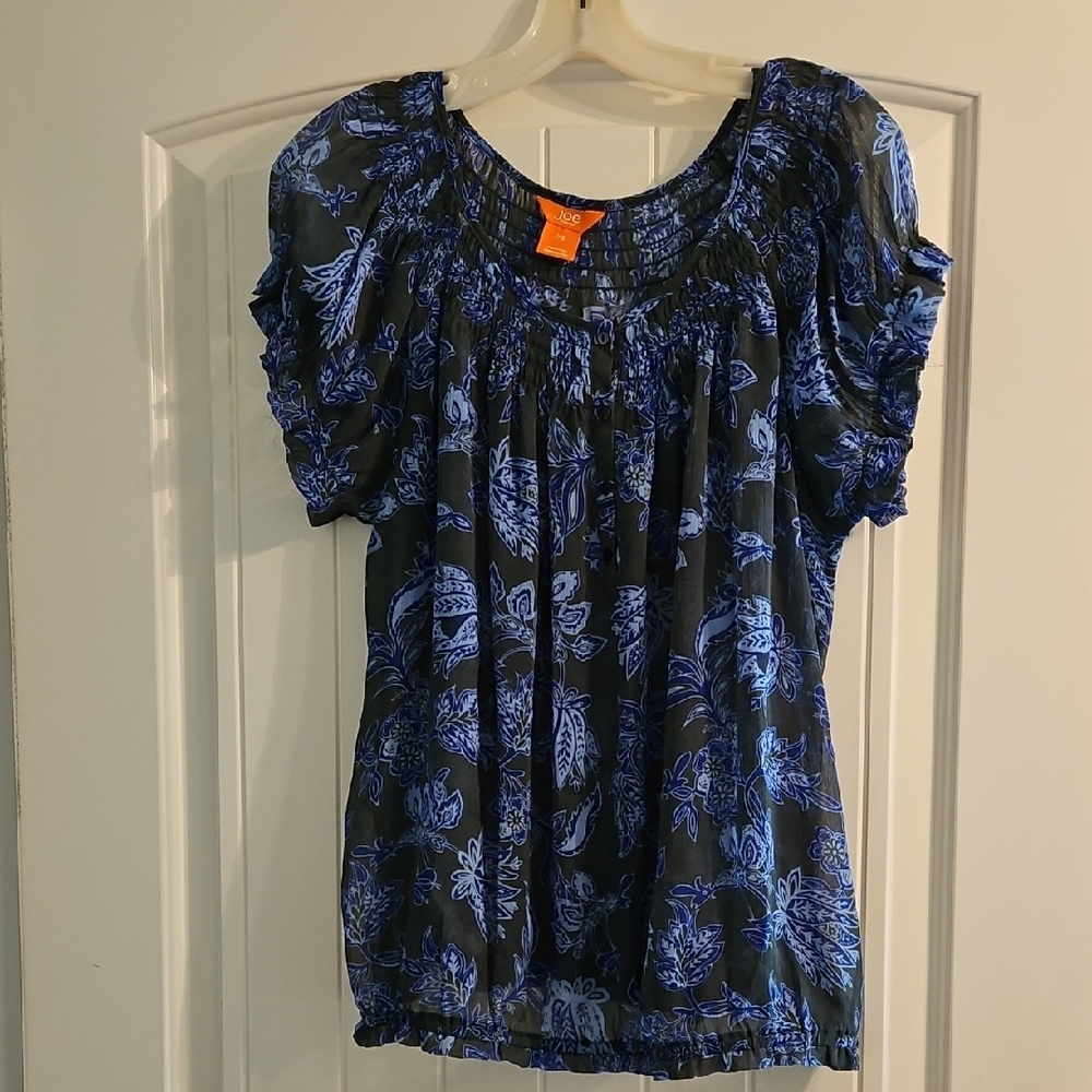 Joe Fresh Blue and Olive Casual Peasant Floral Blouse Large